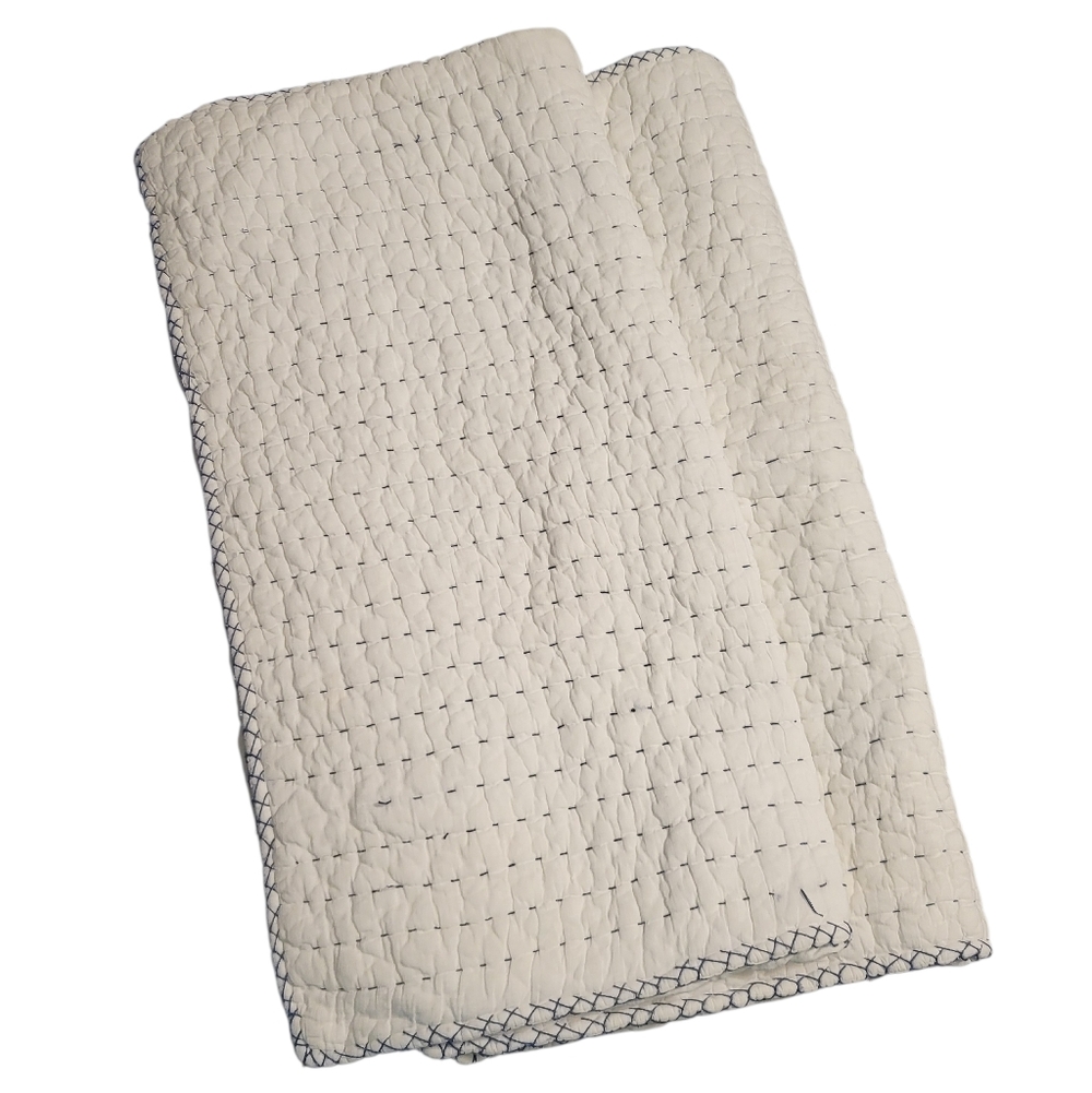 Pottery Barn Pick-Stitch Handcrafted Cotton White Blue Euro 2 Pillow Shams 26x26